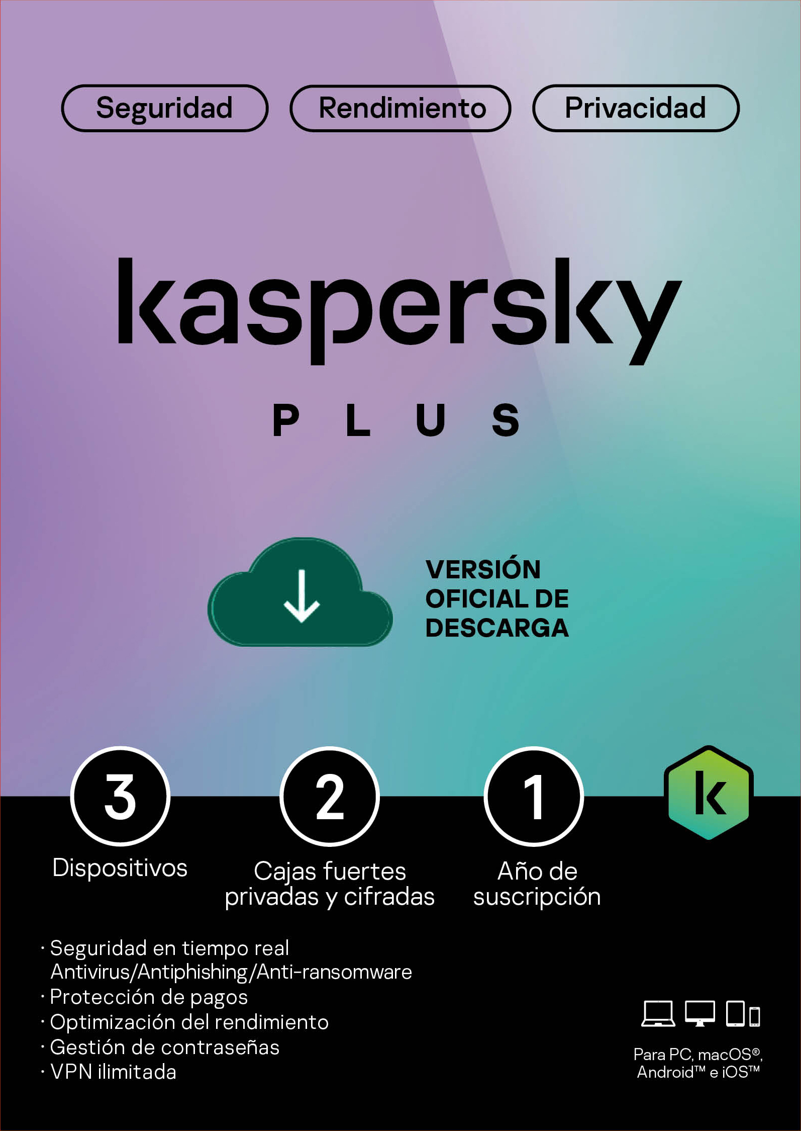Licencia Kaspersky Plus 3 dispositivo por 1 año